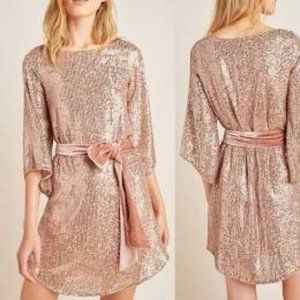 Anthropologie STARLING Sequined Tunic Dress Large Rose Gold Velvet Sash $170